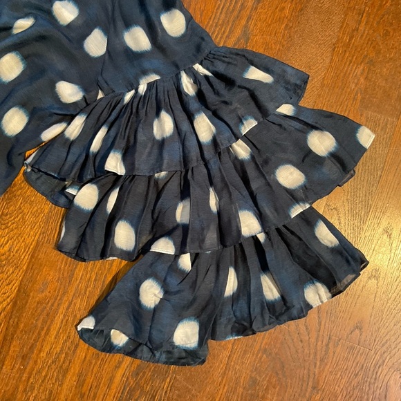 Chico's Size 2 Sheer Navy/Big White Polka Dots, Multi-Tiered Gathered Sleeves - Picture 6 of 16